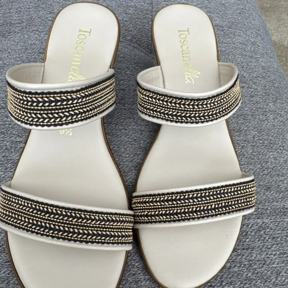 Toscanella Handmade Italy Ella Cream with Gold Black Accent Wedge  Sandal SZ 9.5 - Picture 6 of 16